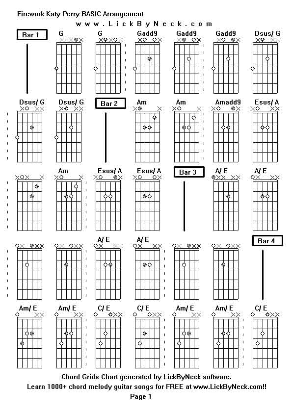 Chord Grids Chart of chord melody fingerstyle guitar song-Firework-Katy Perry-BASIC Arrangement,generated by LickByNeck software.